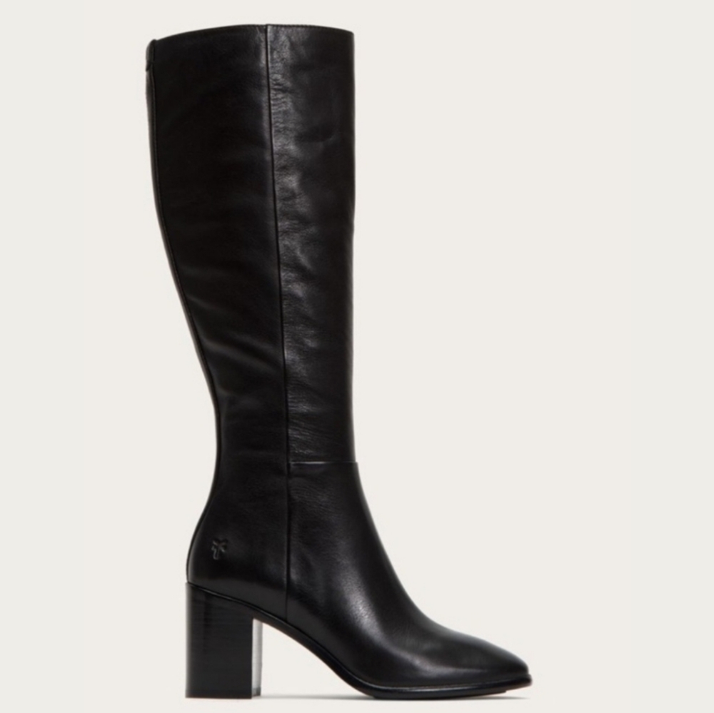 NWOB Frye Julia Tall Black Leather Inside-Zip Sleek Round Toe Block Heel Boots 9